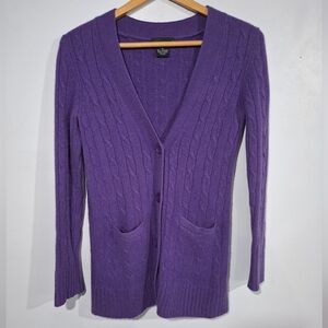 Sutton Cashmere 100% Cashmere Violet Purple V Neck Cable Knit Pocket Cardigan M